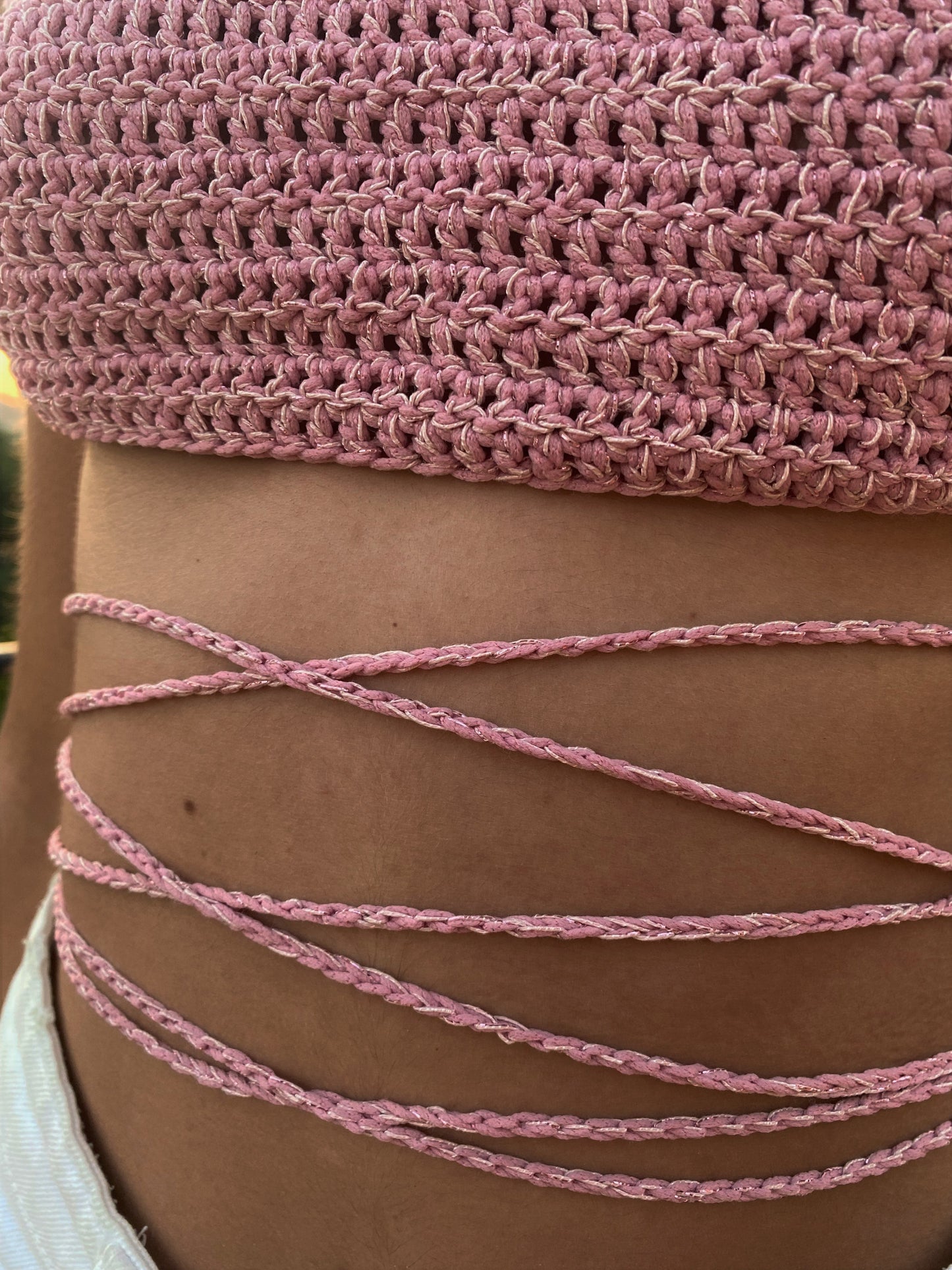Crop Top Crochet Criss Cross- Rosa Antico Lurex
