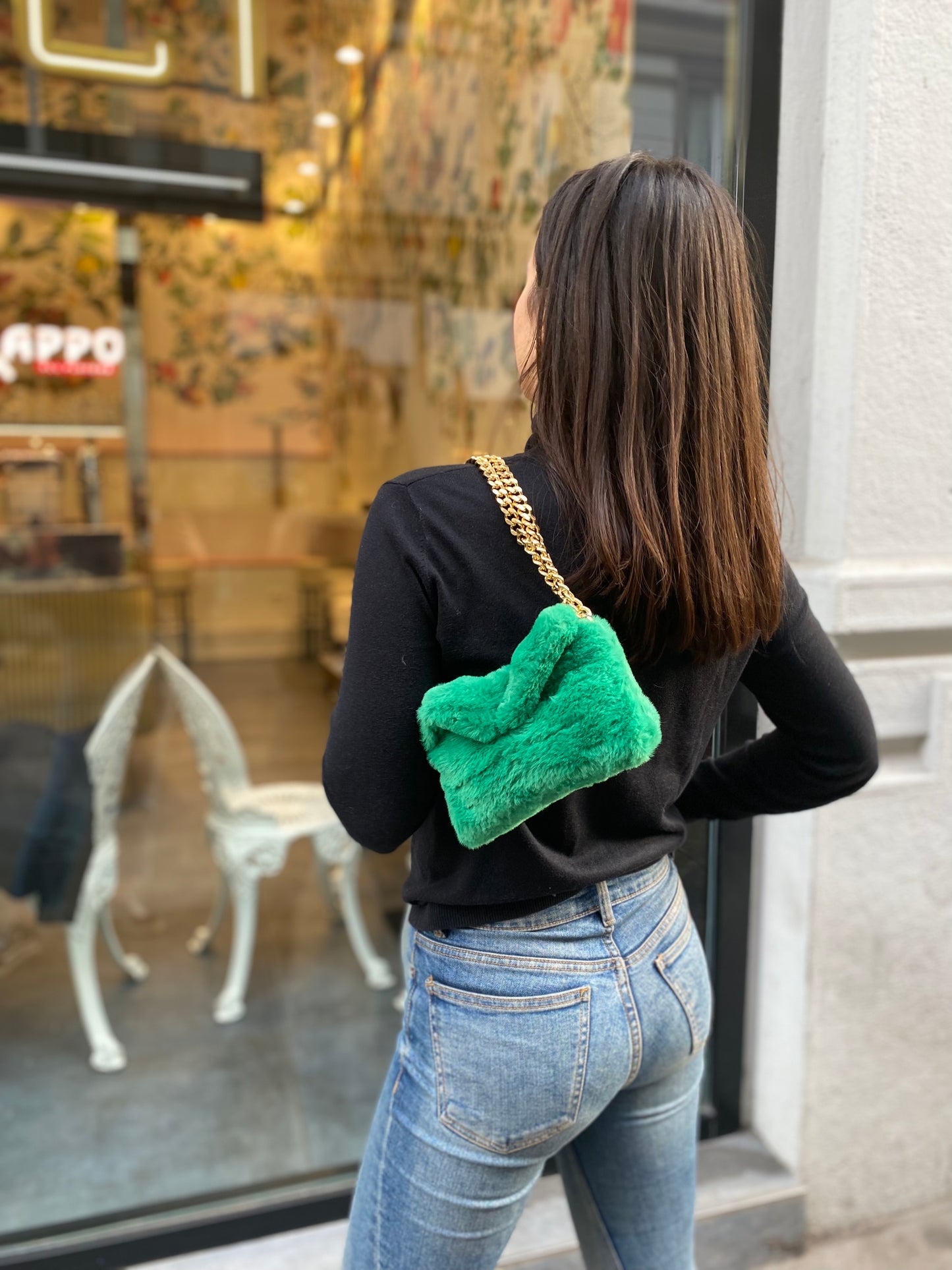 Pochette in ecopelliccia con tracolla doppio filo - Verde