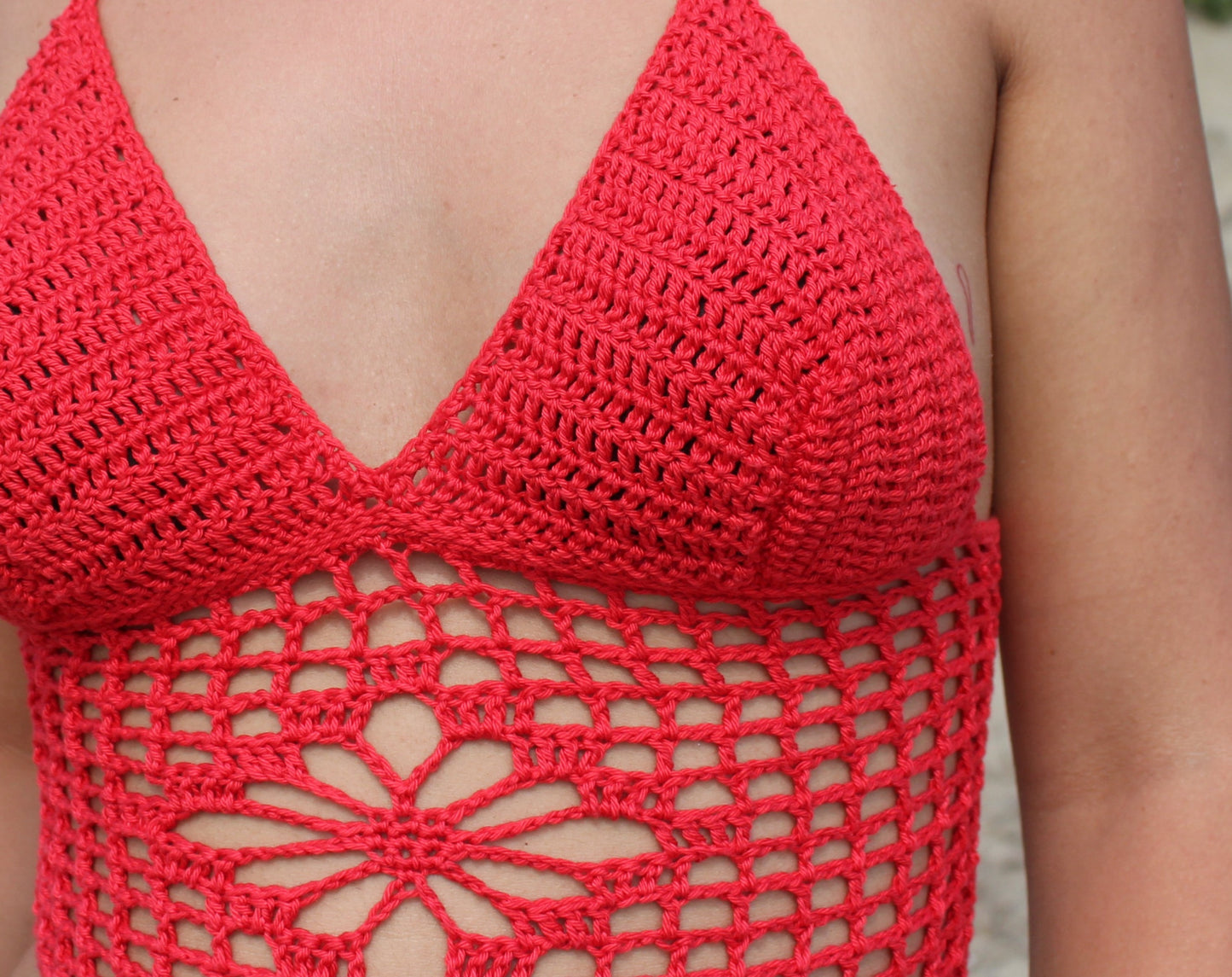 Crop Top Crochet Granny Flower - Rosso